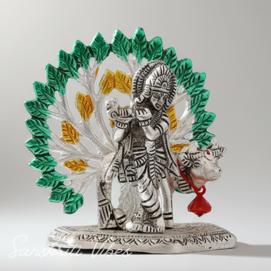 Silver-Plated Metal Kalpavriksha Tree with Cow & Krishna Idol | Home Decorative Religious Showpiece for Puja Room & Gifting - Retail Maharaj
