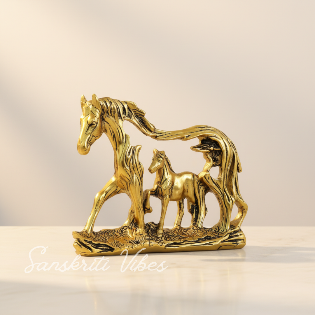 Golden Elegant Metal Horse Family Showpiece Statue for Wealth, Feng Shui and Vastu Home and Office Decoration - Retail Maharaj