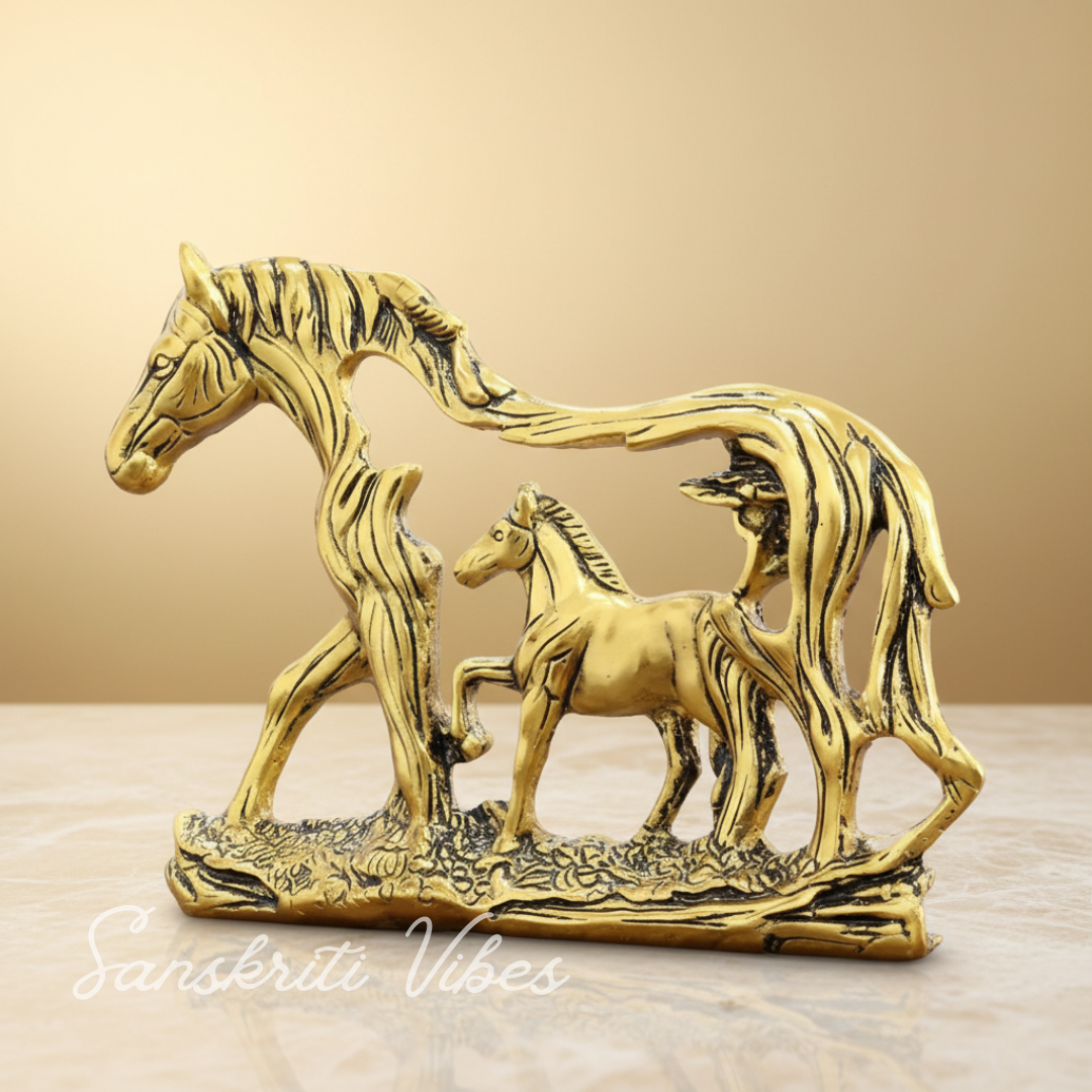 Golden Elegant Metal Horse Family Showpiece Statue for Wealth, Feng Shui and Vastu Home and Office Decoration - Retail Maharaj