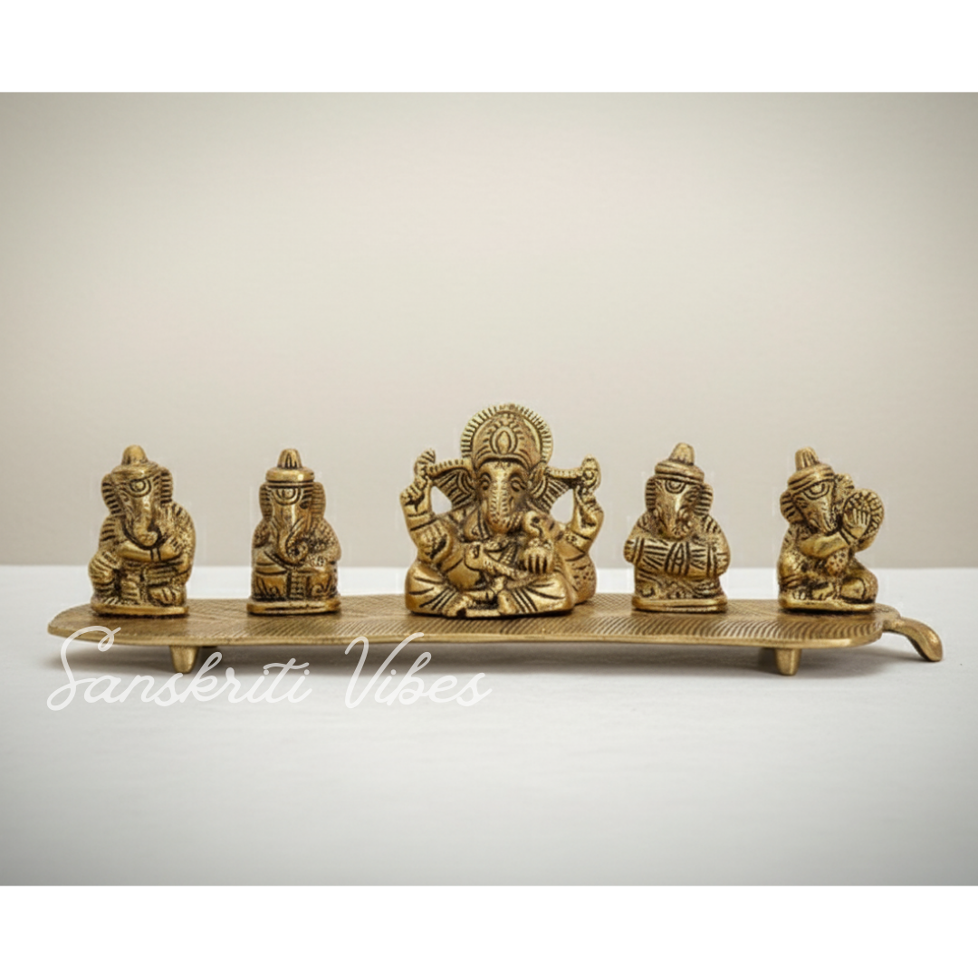 White Metal Gold Plated Ganesha On Leaf With Musical Instrument Metal Statue For Pooja Home Decor And Gift Purpose - Retail Maharaj