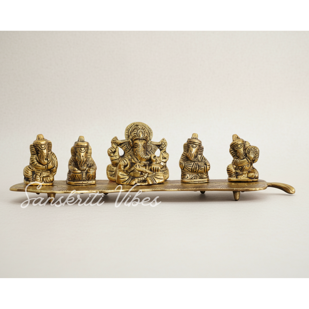 White Metal Gold Plated Ganesha On Leaf With Musical Instrument Metal Statue For Pooja Home Decor And Gift Purpose - Retail Maharaj