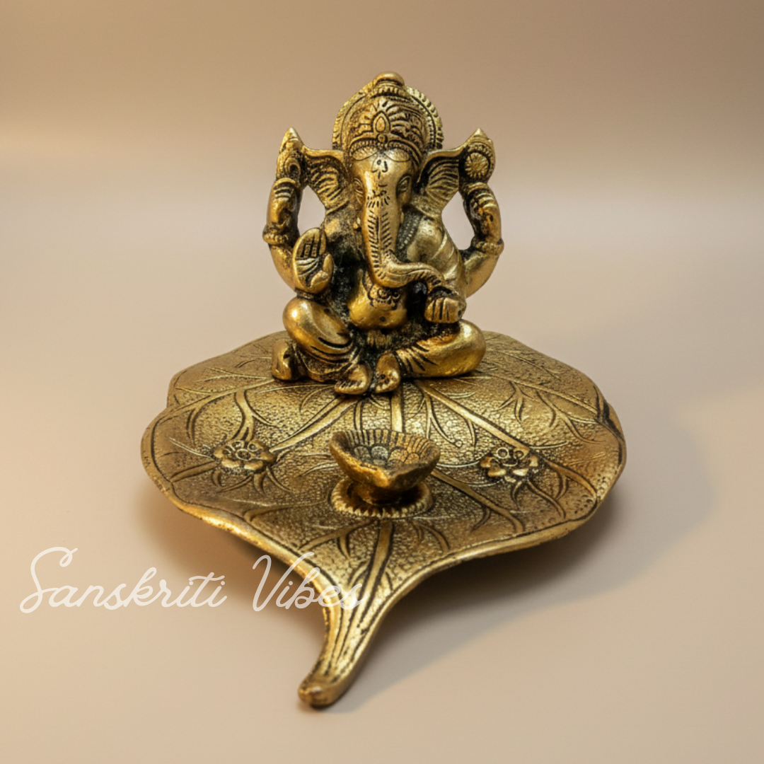 Gifts Metal Ganesh Gold Polish Leaf Decorative Showpiece 12 X 12 X 8 Cm 14 Cm Crystal Ganpati Idol For Home Decor And Gift Purpose - Retail Maharaj