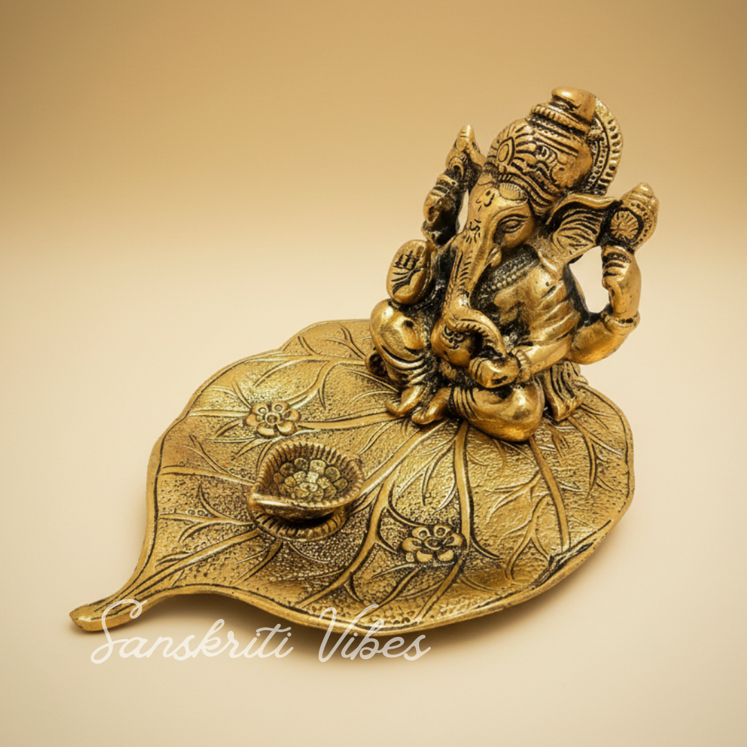 Gifts Metal Ganesh Gold Polish Leaf Decorative Showpiece 12 X 12 X 8 Cm 14 Cm Crystal Ganpati Idol For Home Decor And Gift Purpose - Retail Maharaj