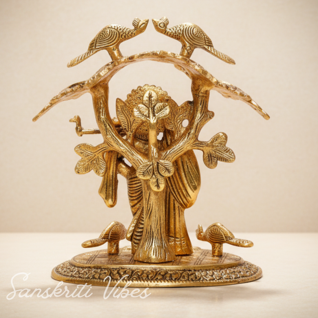 Radha Krishna Standing Under Tree Playing Flute | Gold Antique Metal Idol Statue for Pooja Room & Home Décor - Retail Maharaj