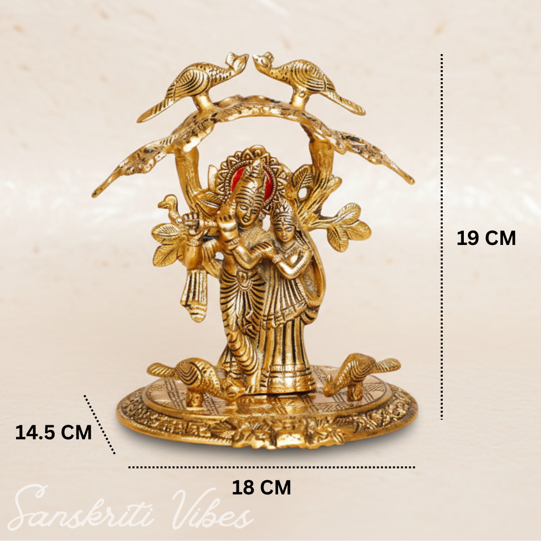 Radha Krishna Standing Under Tree Playing Flute | Gold Antique Metal Idol Statue for Pooja Room & Home Décor - Retail Maharaj
