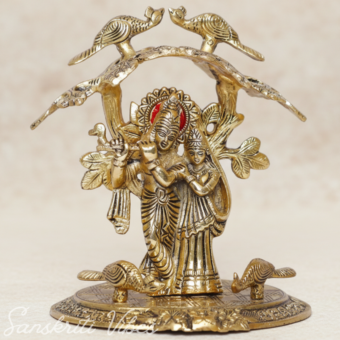 Radha Krishna Standing Under Tree Playing Flute | Gold Antique Metal Idol Statue for Pooja Room & Home Décor - Retail Maharaj