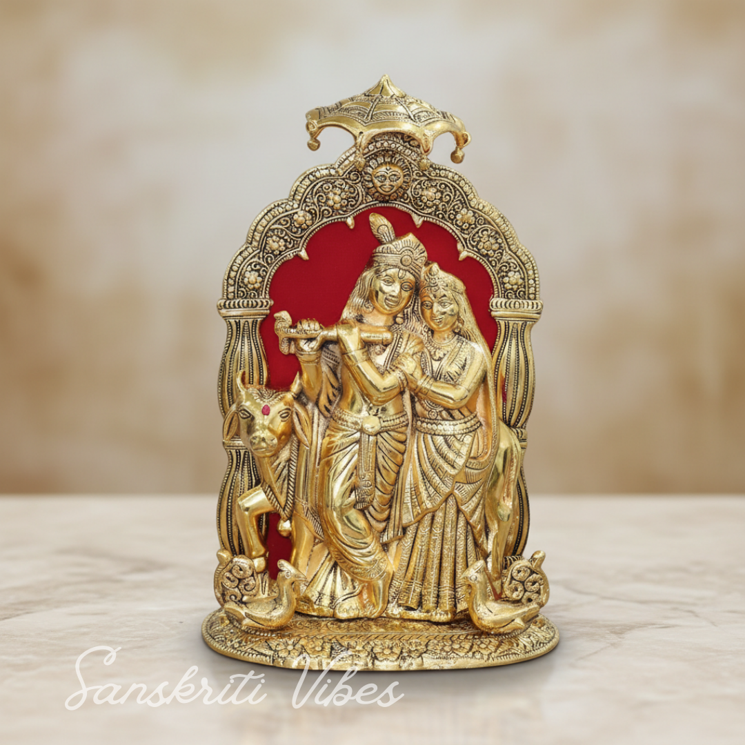 Metal Radha Krishna Idol with Cow Decorative Showpiece Statue for Puja Room Home and Office Desk (33 cm Height) - Retail Maharaj