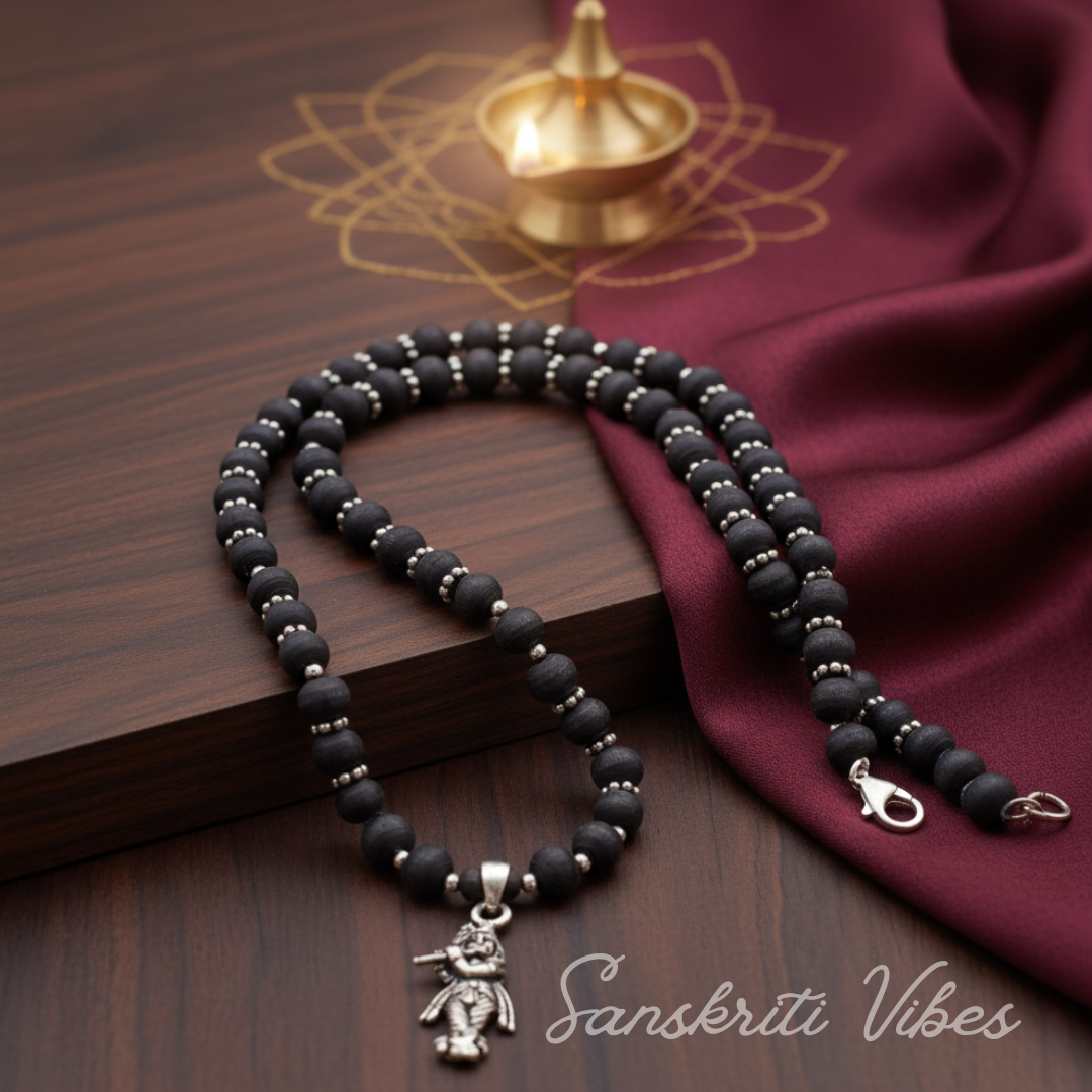 Black Tulsi Beads Krishna Ji Mala with Silver Caps | Handcrafted Devotional Necklace for Meditation & Spiritual Devotion