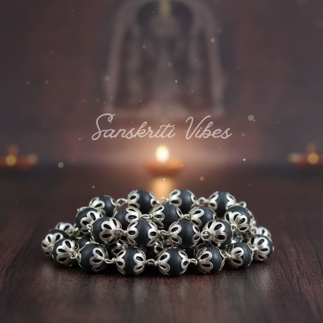 Beautiful Design Silver Tulsi Mala | Handcrafted Natural Black Tulsi Devotional Necklace - Retail Maharaj