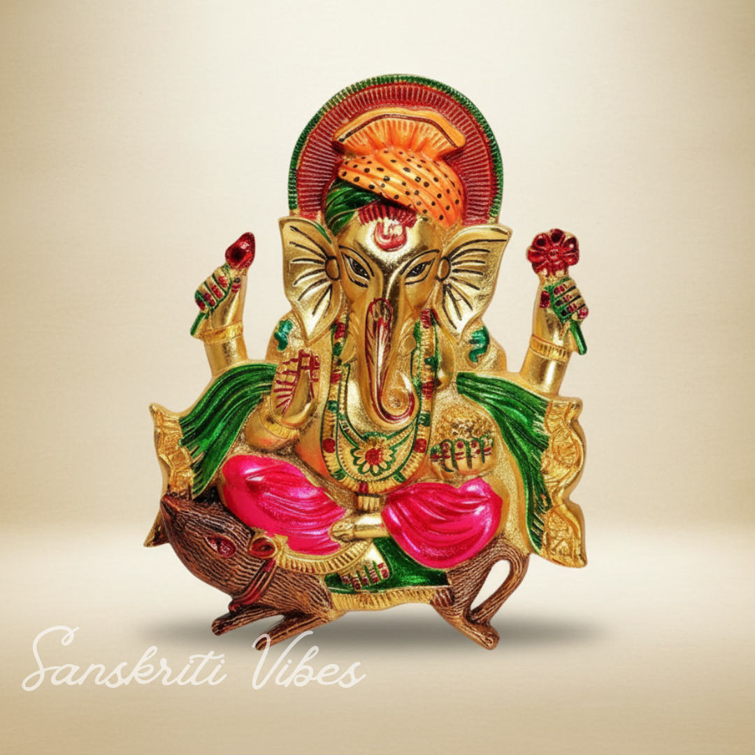 Metal Ganesha Ji Sitting on Chuha Idol Handmade Glossy Finish Ganesh Murti for Home Office Decor by Sanskriti Vibes - Retail Maharaj