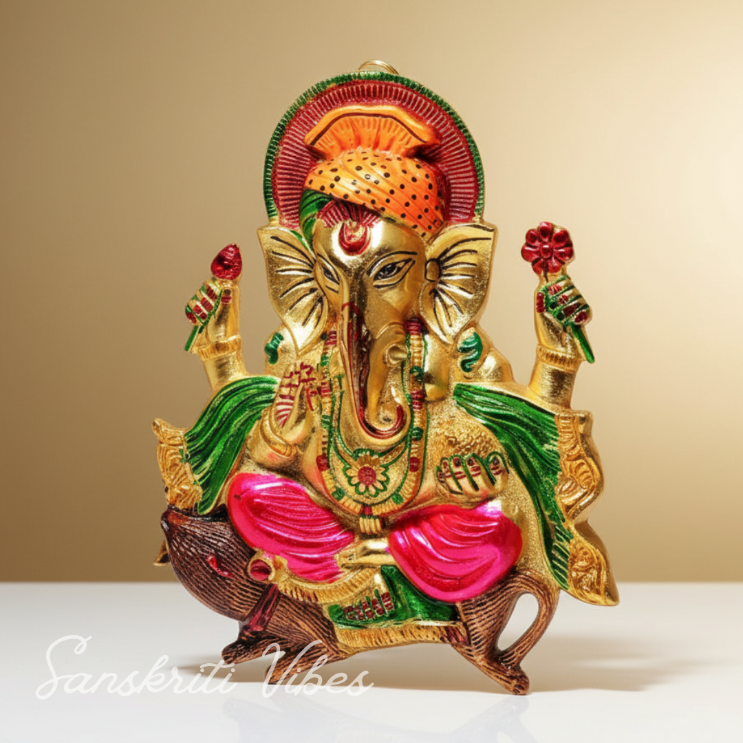 Metal Ganesha Ji Sitting on Chuha Idol Handmade Glossy Finish Ganesh Murti for Home Office Decor by Sanskriti Vibes - Retail Maharaj