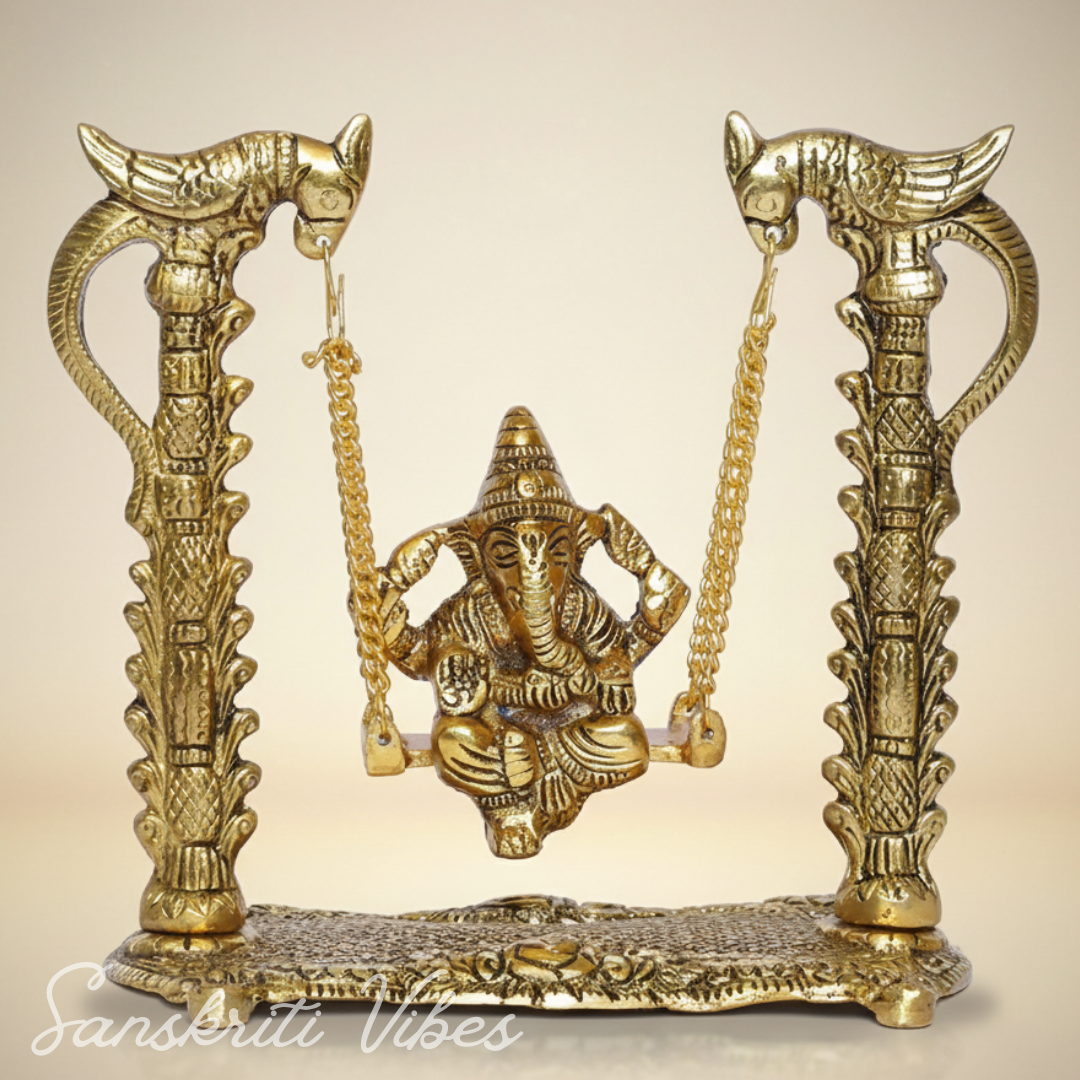 Ganesh Ji Jhula Idol Decorative Showpiece – Handcrafted Metal Swing Ganpati Statue for Home Decor & Auspicious Gifting (Glossy Finish, Made in India)
