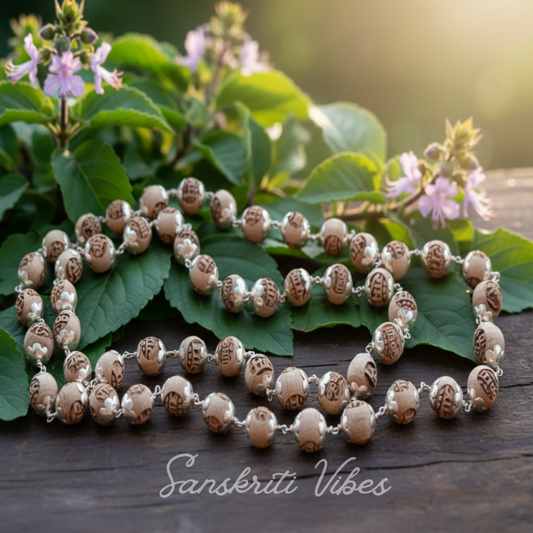 Ram and Krishna Silver Tulsi Kanthi Mala with Silver Caps Spiritual Rosary for Protection and Devotion - Retail Maharaj