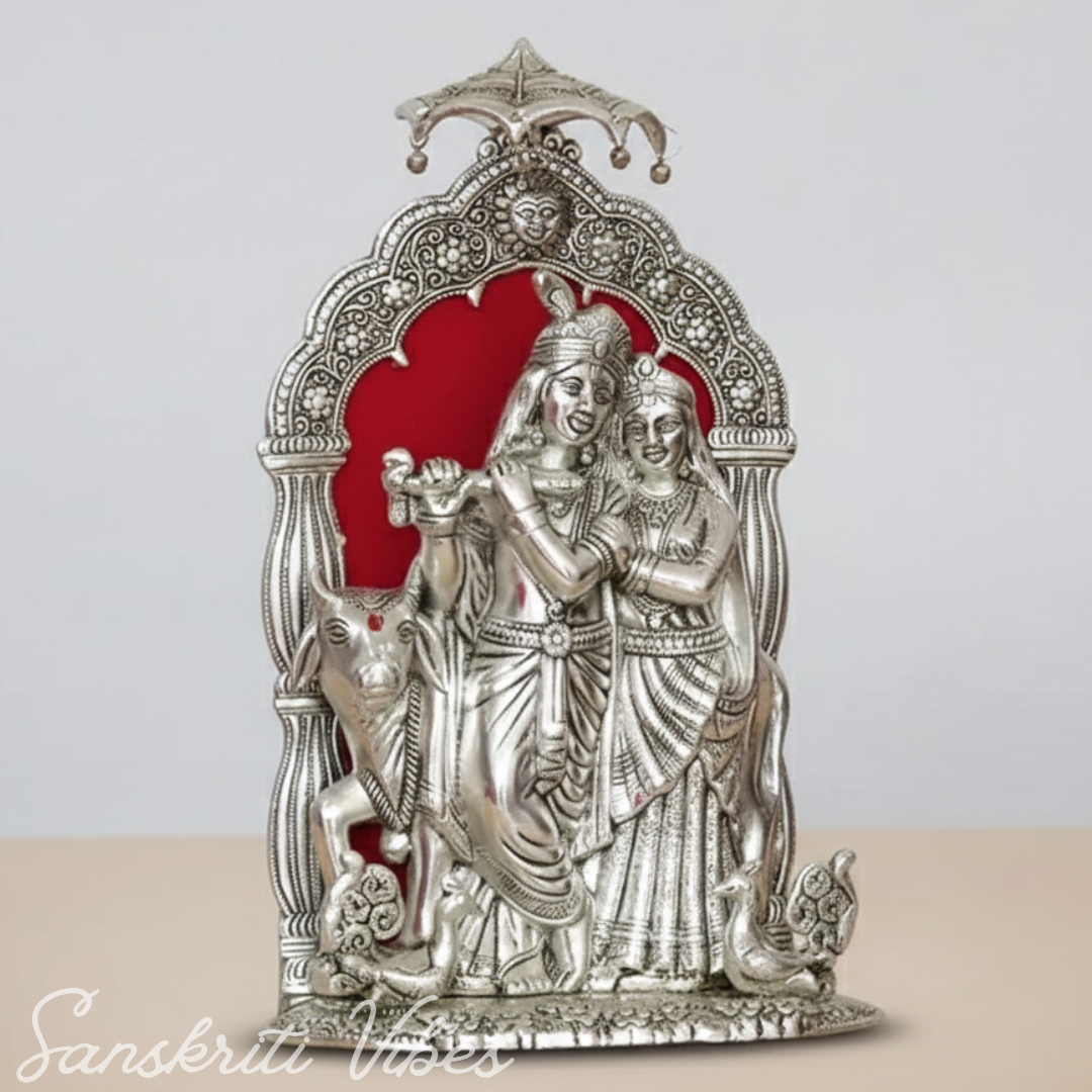 Silver Metal Radha Krishna with Cow Idol | Ornate 33 cm Decorative Showpiece for Puja Room, Home & Office - Retail Maharaj