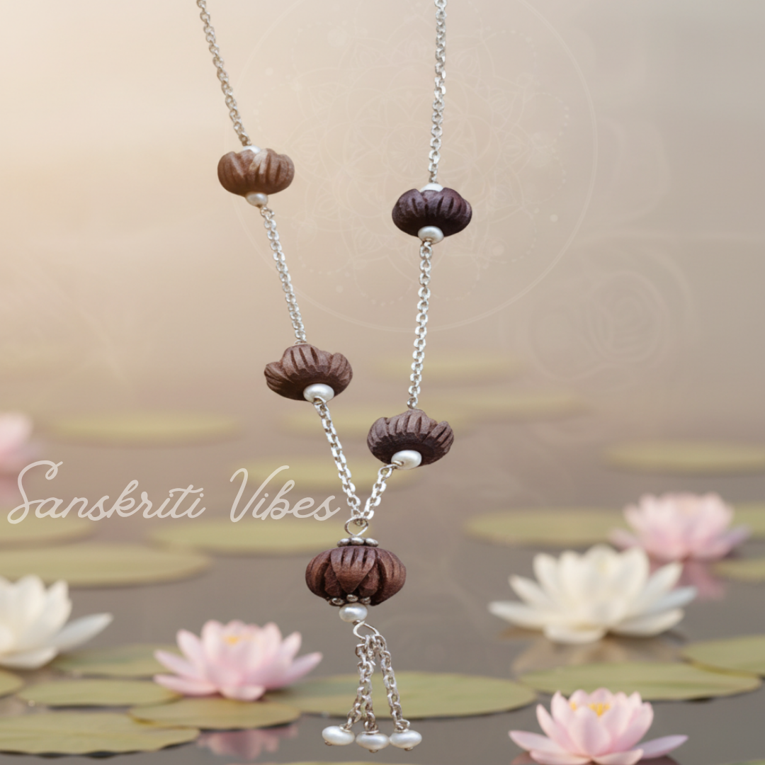 Lotus Tulsi Beads Mala with Silver Chain Spiritual Rosary for Protection and Devotion