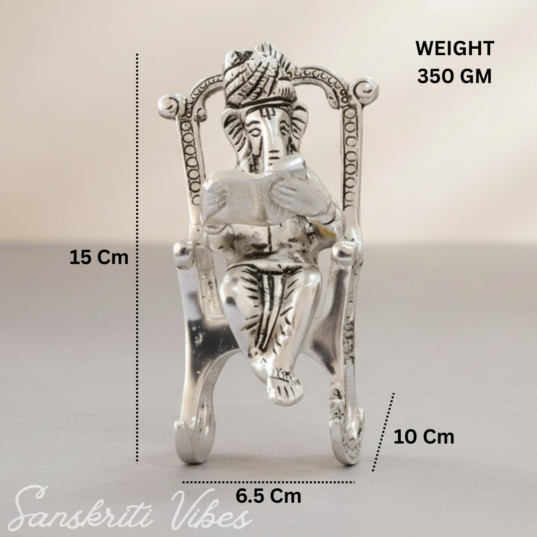 Metal Chair Ganesh Ganpati Idol with Reading Ramayan Metallic Gold Finish Traditional Indian Decorative Showpiece - Retail Maharaj