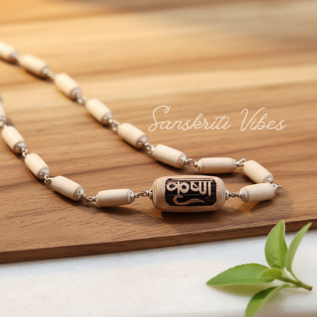 Silver Kanthi Mala with Krishna Carved Tulsi Beads Spiritual Rosary for Devotion and Protection - Retail Maharaj