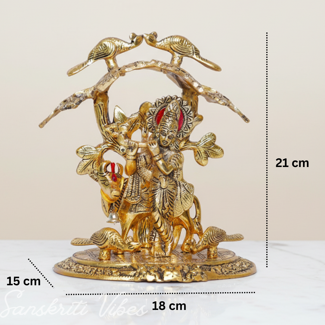 Krishna Playing Flute with Kamdhenu Cow Under Tree | Metal Glossy Finish Statue for Pooja Room & Home Décor - Retail Maharaj