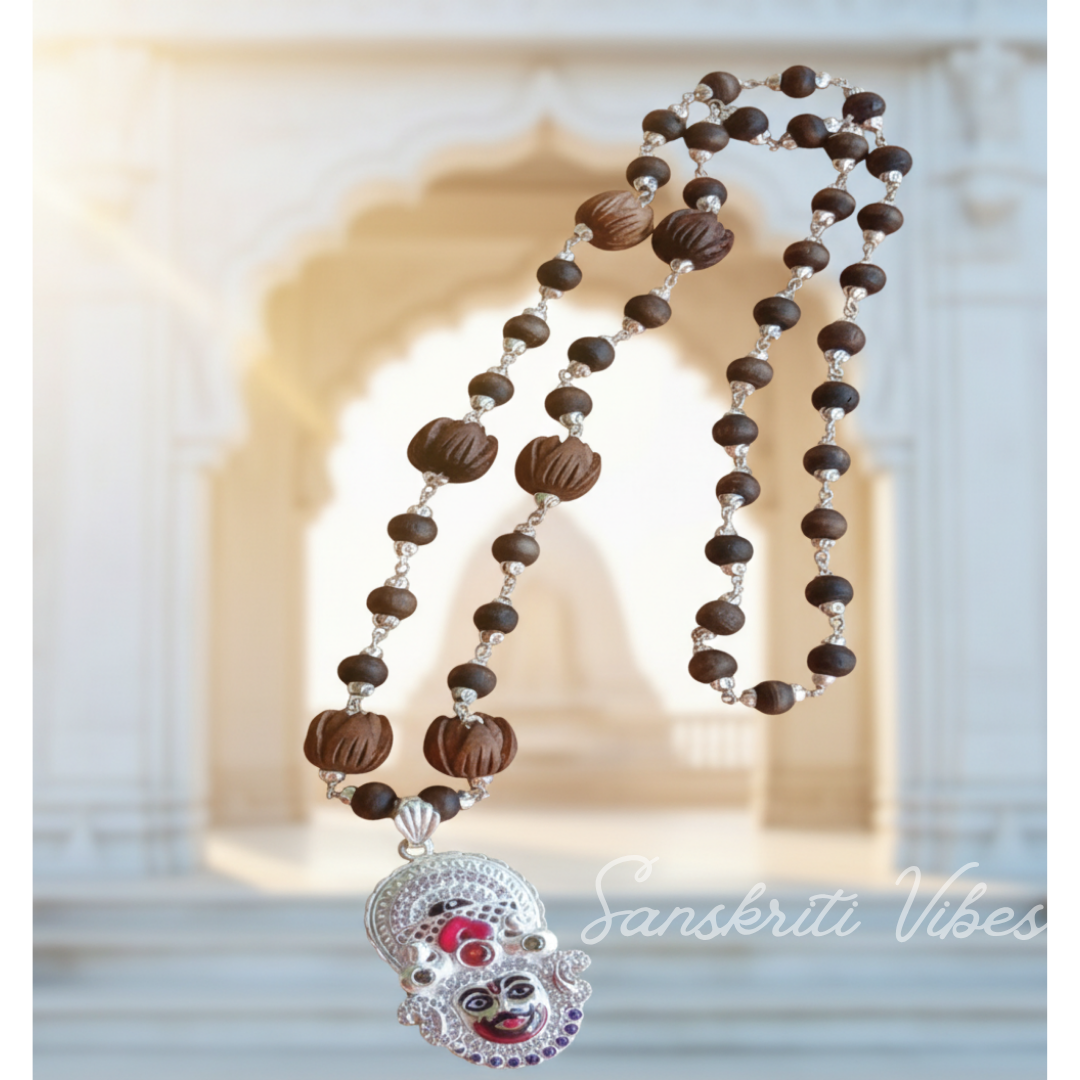 Baba Khatu Shyam Silver Tulsi Locket with Silver Mala Spiritual Rosary for Devotion and Protection