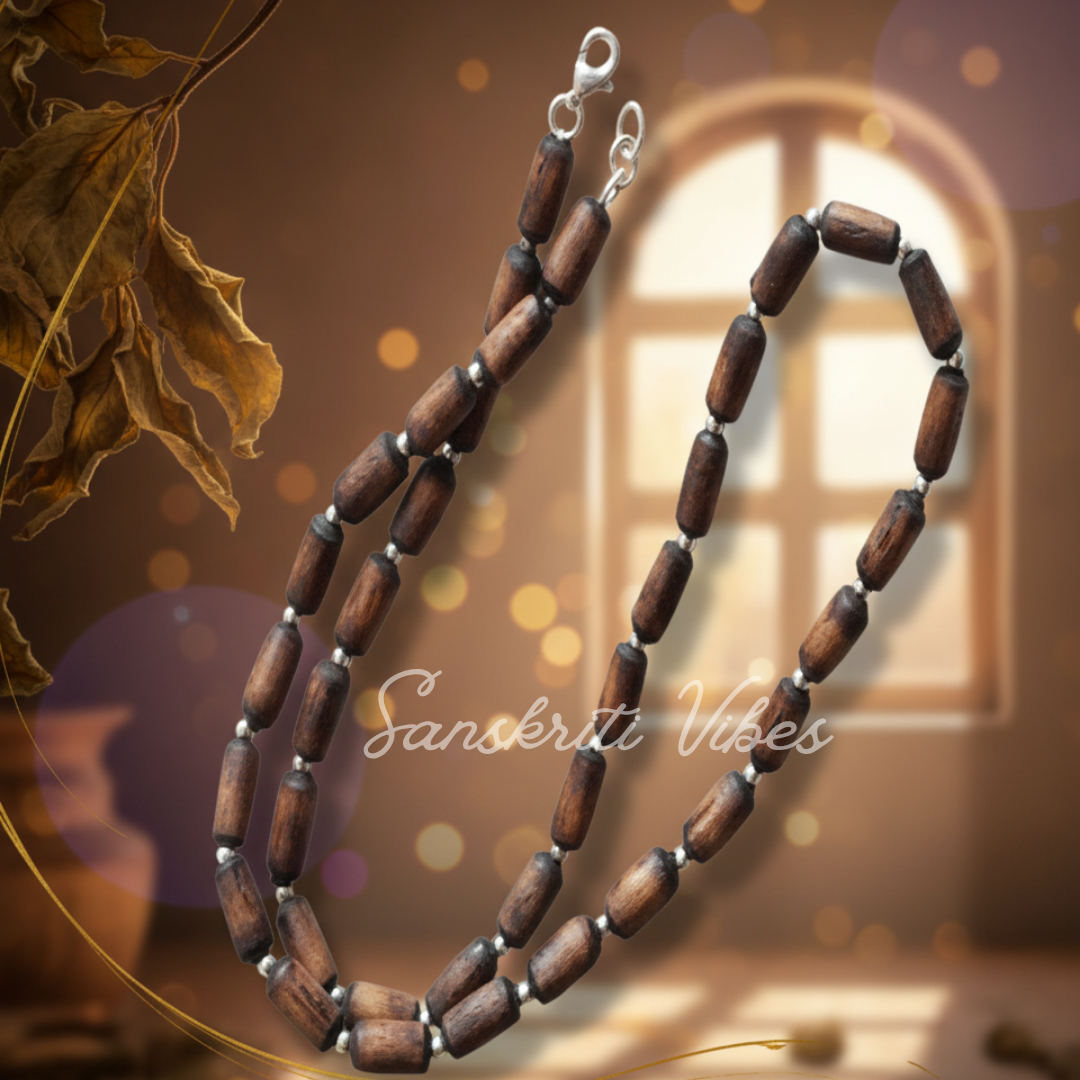 Natural Dark Brown Shyama Tulsi Beads Kanthi Mala with Silver Balls – Premium Classic Trendy Spiritual Necklace - Retail Maharaj
