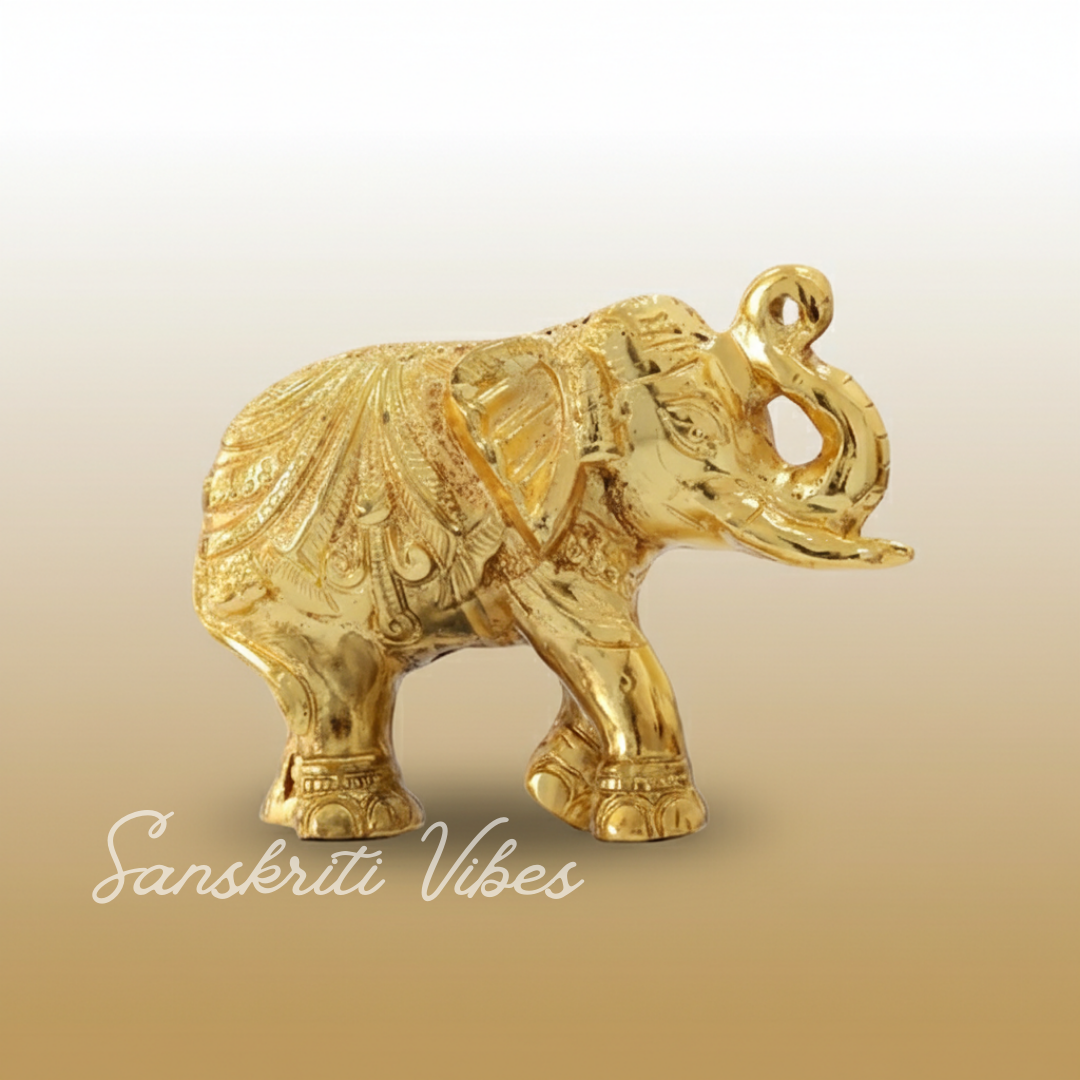 Decorative Golden Elephant Statue Trunk Up Metal Figurine Traditional Design (12 cm x 9.5 cm x 6 cm) - Retail Maharaj