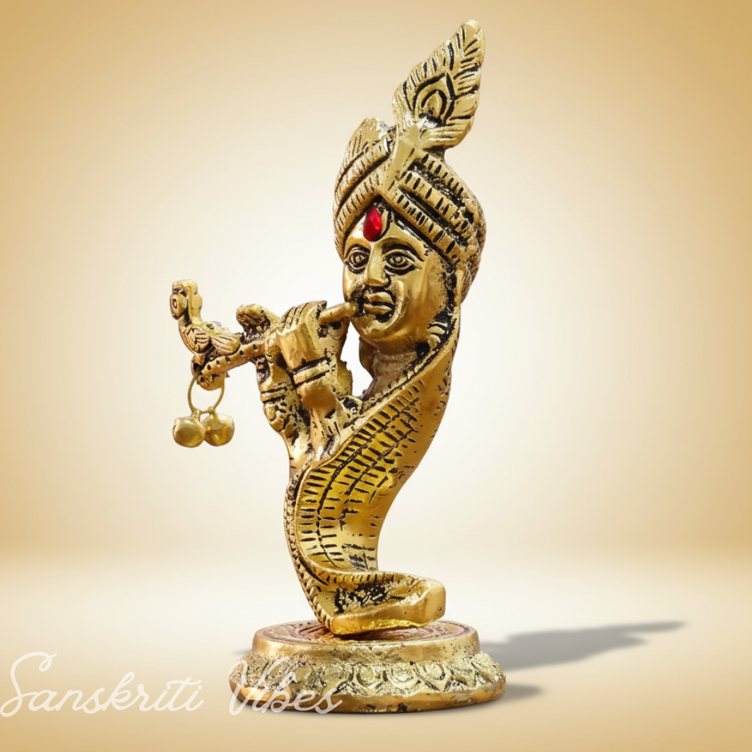 Pagdi Krishna Playing Flute Idol | Gold-Toned Metal Decorative Showpiece Hindu Religious Figurine - Retail Maharaj