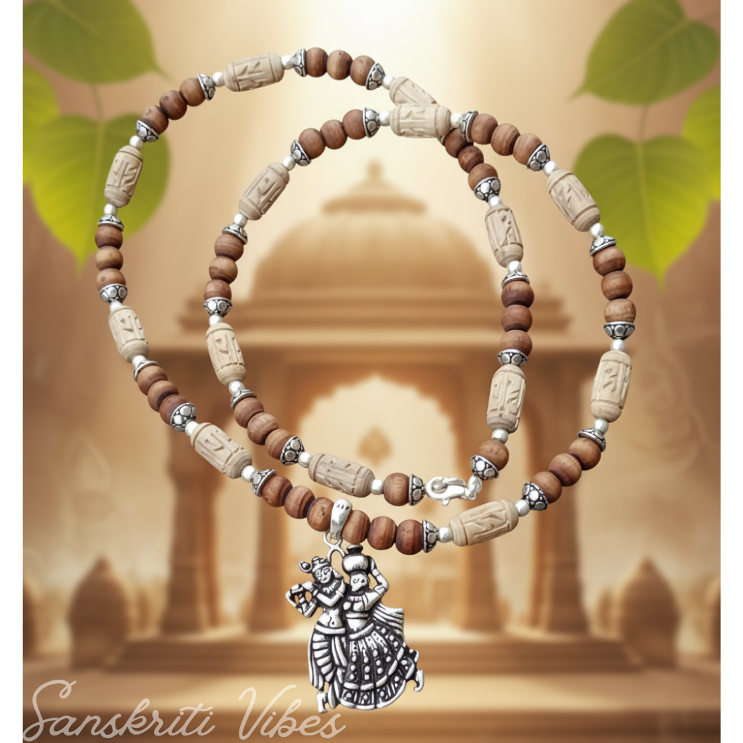 Beautiful Design Radha Krishna Silver Locket with Tulsi Mala Spiritual Rosary for Devotion