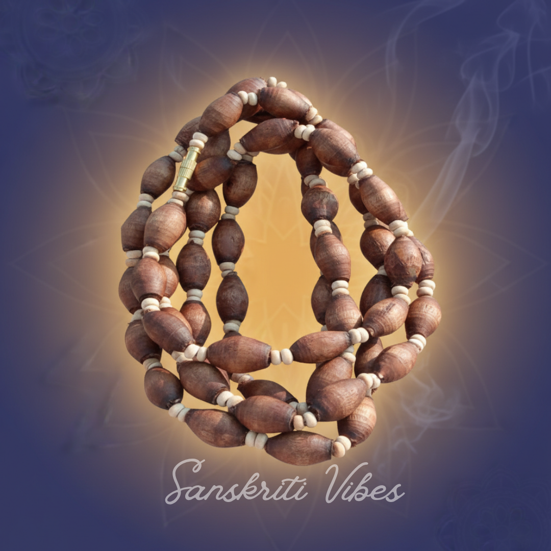 Mridanga Shape Shyama Tulsi Beads 3 Round Kanthi Mala - Sacred Neckwear for Spiritual Devotion - Retail Maharaj