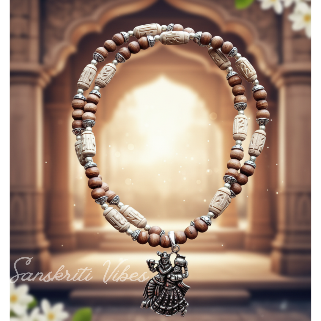 Beautiful Design Radha Krishna Silver Locket with Tulsi Mala Spiritual Rosary for Devotion