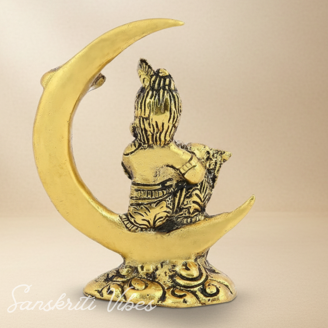 Bal Krishna Seated on Moon Motif | 4.5-Inch Aluminium Metal Decorative Showpiece for Home Temple & Gifting - Retail Maharaj
