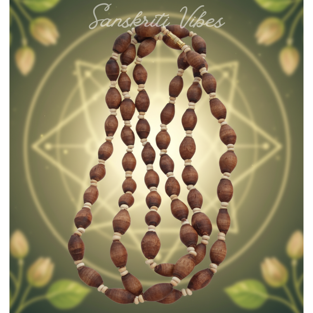 Mridanga Shape Shyama Tulsi Beads 3 Round Kanthi Mala - Sacred Neckwear for Spiritual Devotion - Retail Maharaj