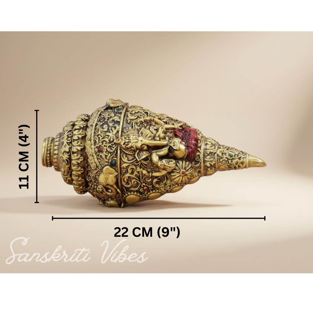 Sanskriti Vibes Decorative Lord Ganesha Shank – Gold-Toned Conch Shell (22 cm x 11 cm) Polyresin - Retail Maharaj