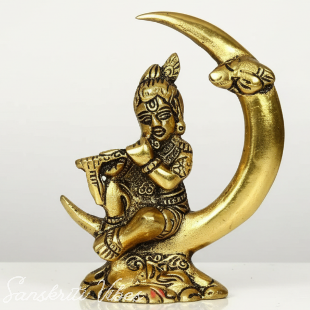 Bal Krishna Seated on Moon Motif | 4.5-Inch Aluminium Metal Decorative Showpiece for Home Temple & Gifting - Retail Maharaj