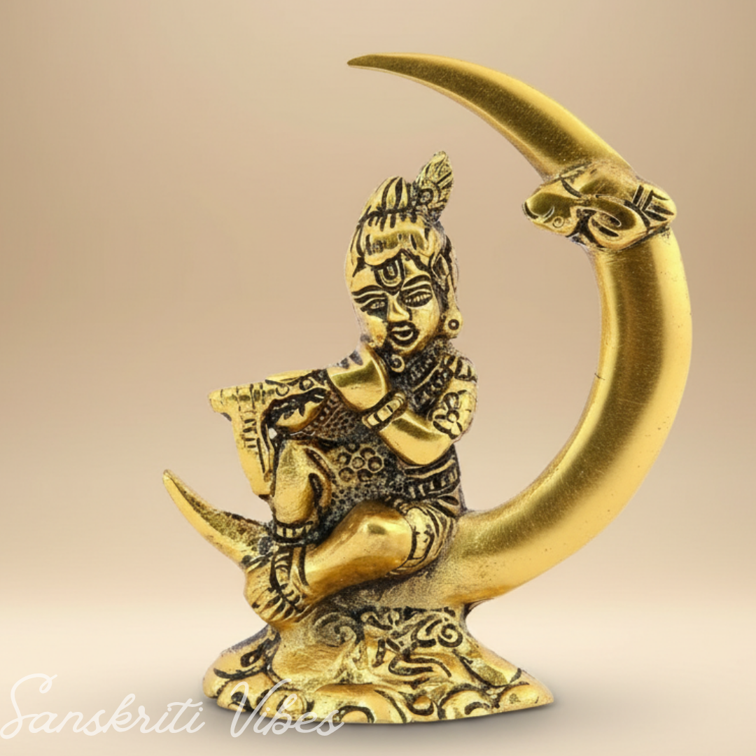 Bal Krishna Seated on Moon Motif | 4.5-Inch Aluminium Metal Decorative Showpiece for Home Temple & Gifting - Retail Maharaj