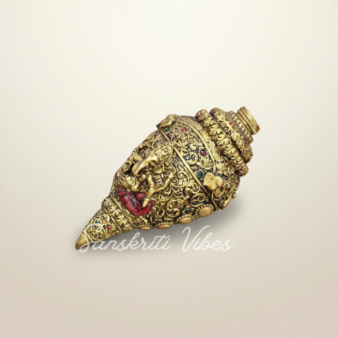 Sanskriti Vibes Decorative Lord Ganesha Shank – Gold-Toned Conch Shell (22 cm x 11 cm) Polyresin - Retail Maharaj