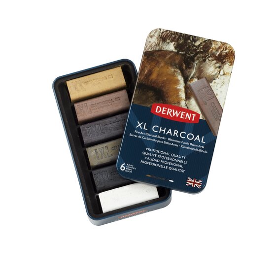 Derwent XL Charcoal Blocks Metal Tin Set of 6 - Retail Maharaj