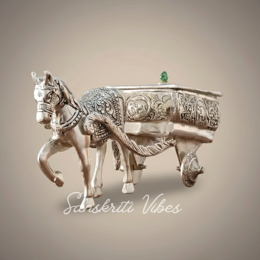 Horse Cart Metal Statue Aluminum Plated Silver Finish Showpiece Murti for Home, Office Table and Car Dashboard Décor - Retail Maharaj