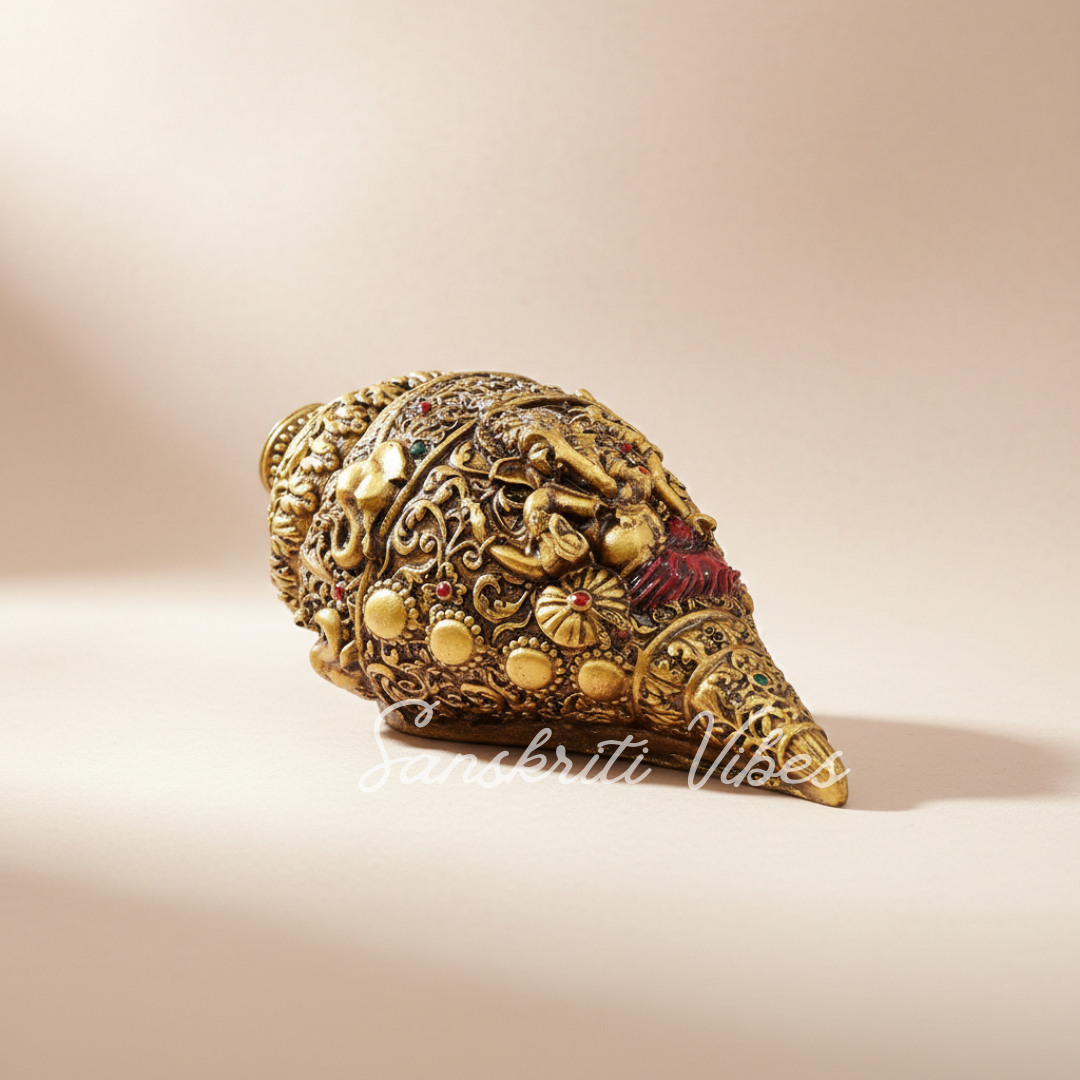Sanskriti Vibes Decorative Lord Ganesha Shank – Gold-Toned Conch Shell (22 cm x 11 cm) Polyresin - Retail Maharaj