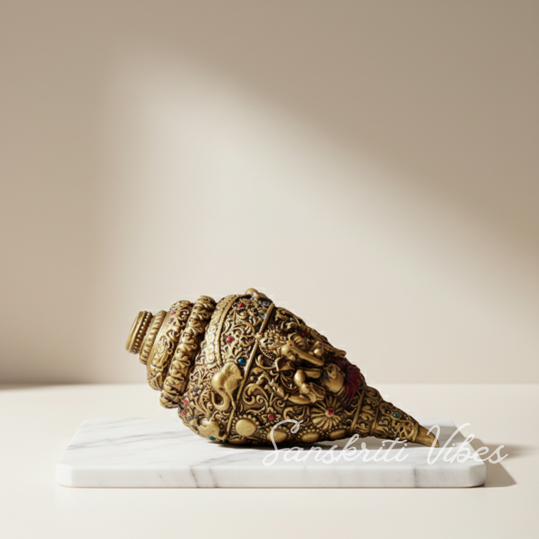 Sanskriti Vibes Decorative Lord Ganesha Shank – Gold-Toned Conch Shell (22 cm x 11 cm) Polyresin - Retail Maharaj