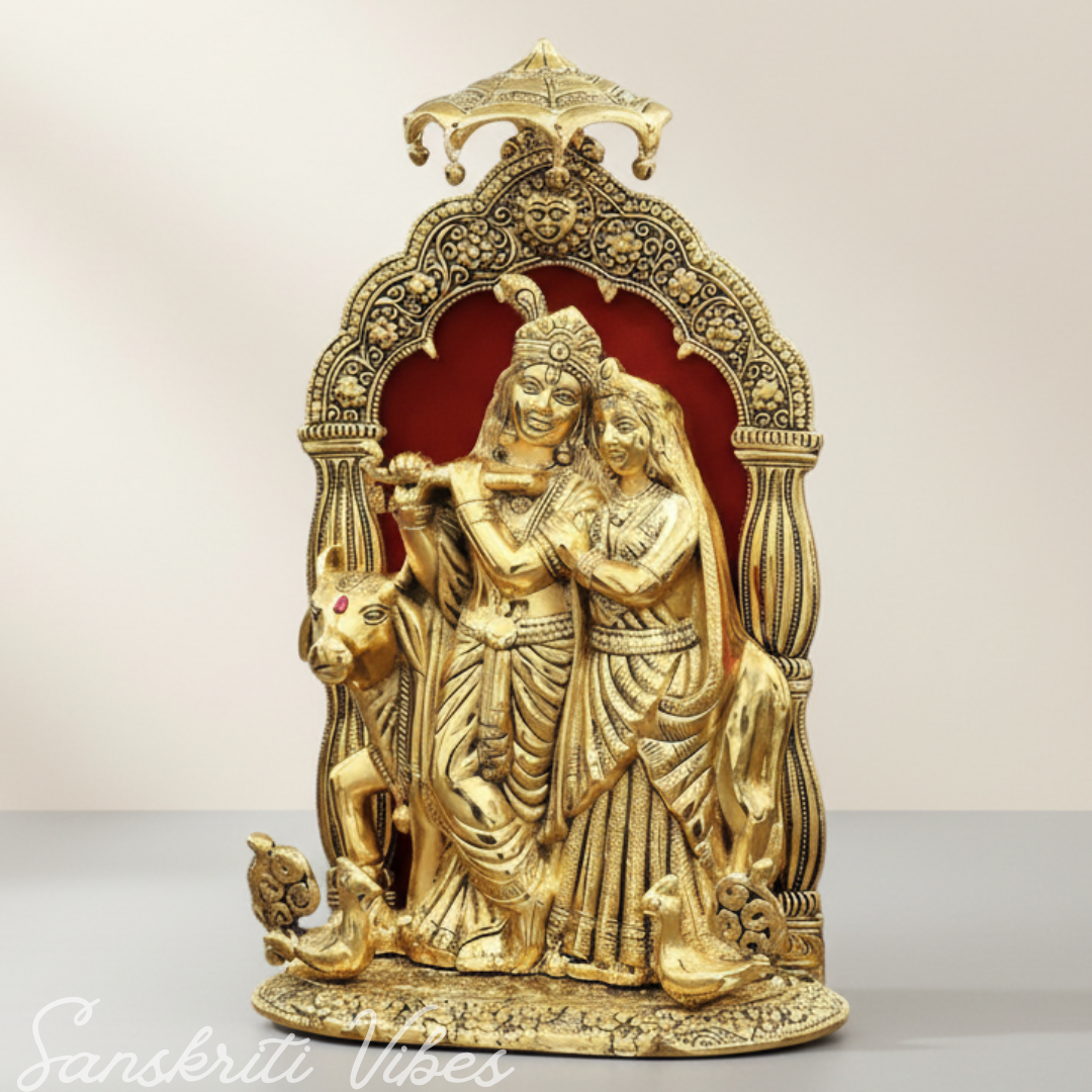 Metal Radha Krishna with Cow Idol | 33 cm Ornate Decorative Showpiece for Puja Room, Home & Office - Retail Maharaj