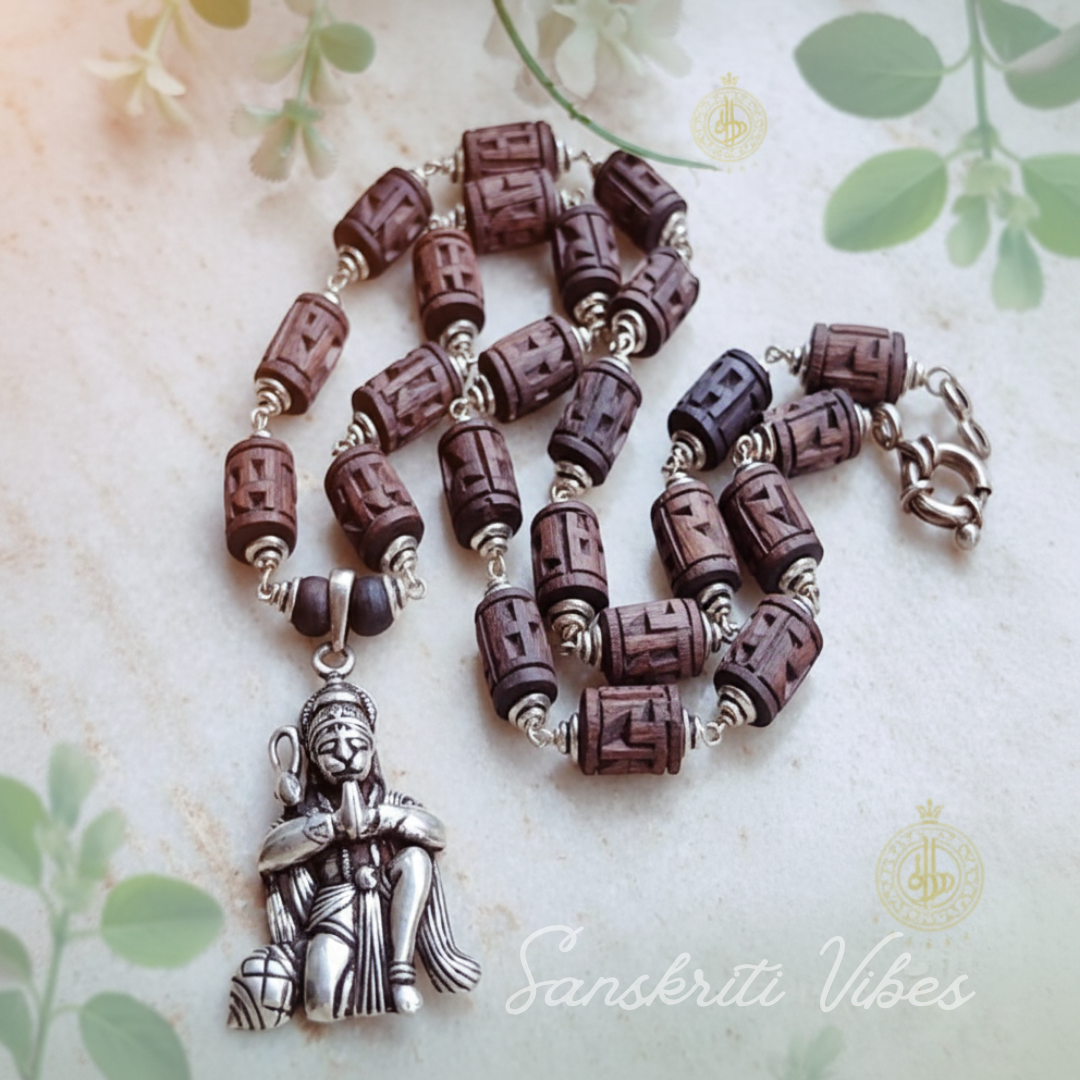 Tulsi Ram Carved Beads Silver Kanthi Mala with Silver Hanuman Ji Locket Pendant Spiritual Rosary - Retail Maharaj
