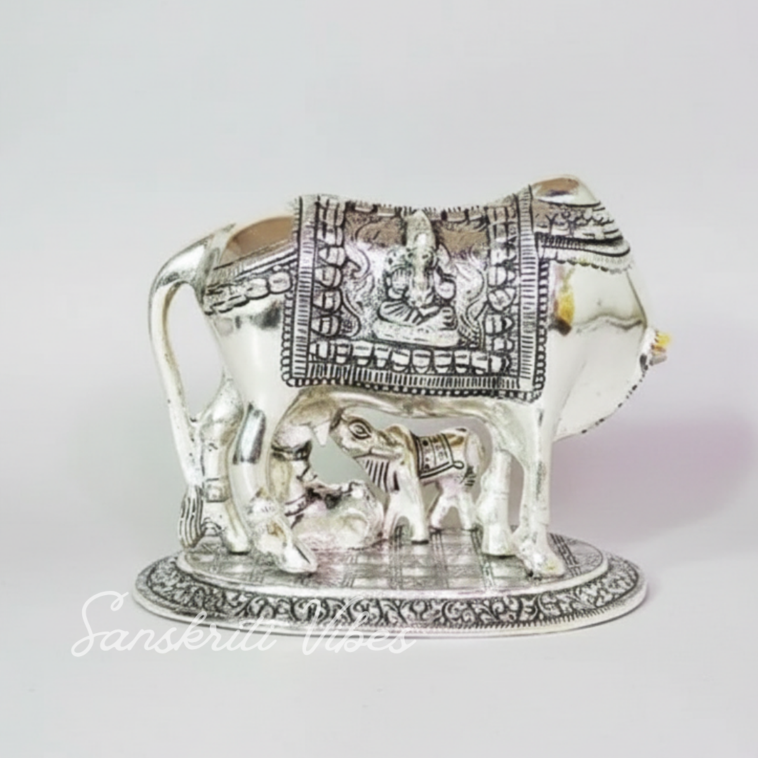 Metal Religious Kamdhenu Cow with Calf and Krishna Idol – Silver Finish Decorative Showpiece by Sanskriti Vibes | Hindu Pooja and Home Temple Decoration - Retail Maharaj