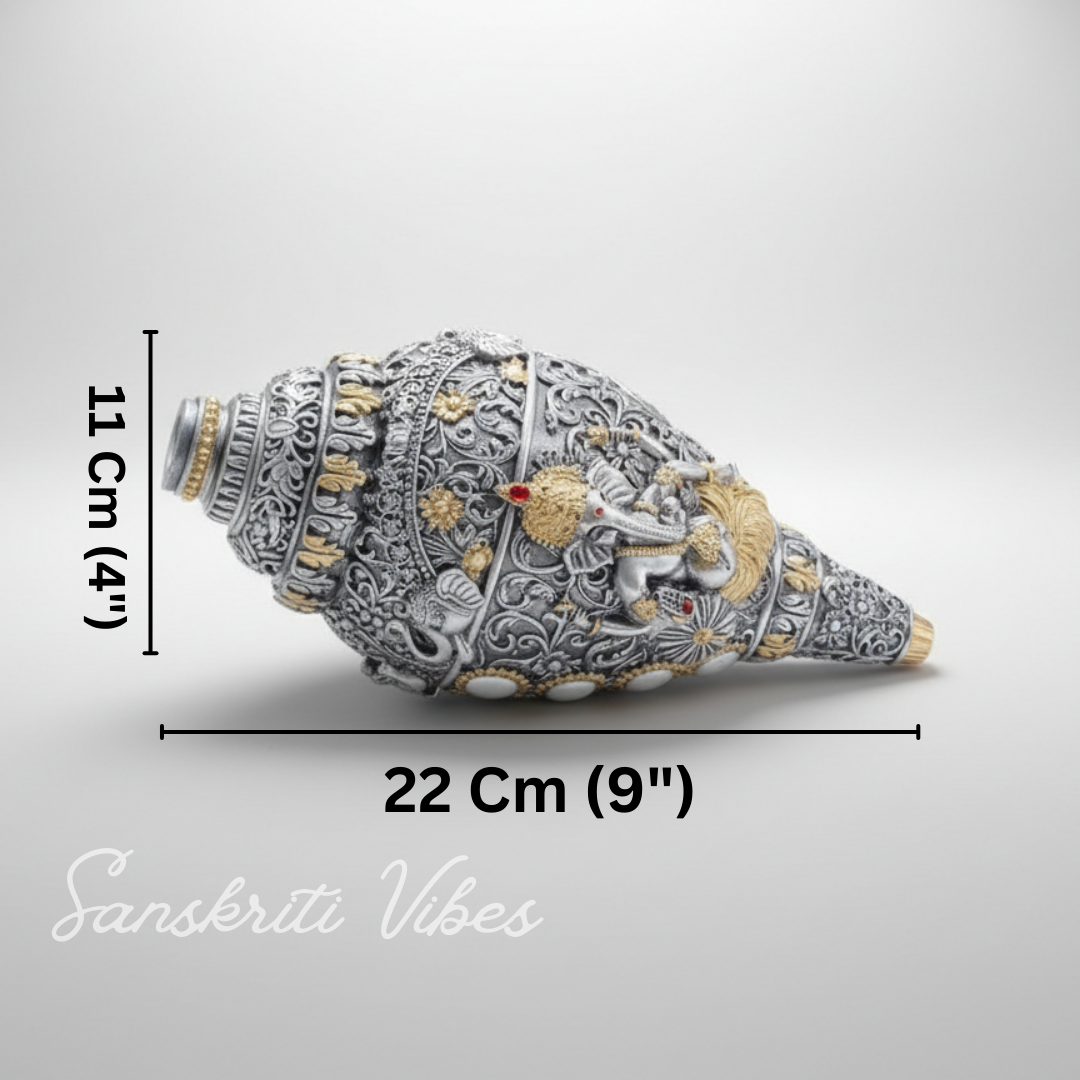 Sanskriti Vibes Decorative Lord Ganesha Shank – Silver Toned Conch Shell (12 cm x 6 cm) - Retail Maharaj