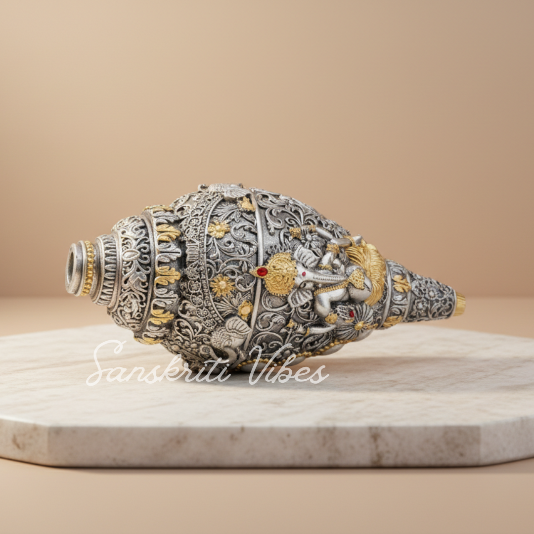 Sanskriti Vibes Decorative Lord Ganesha Shank – Silver Toned Conch Shell (12 cm x 6 cm) - Retail Maharaj