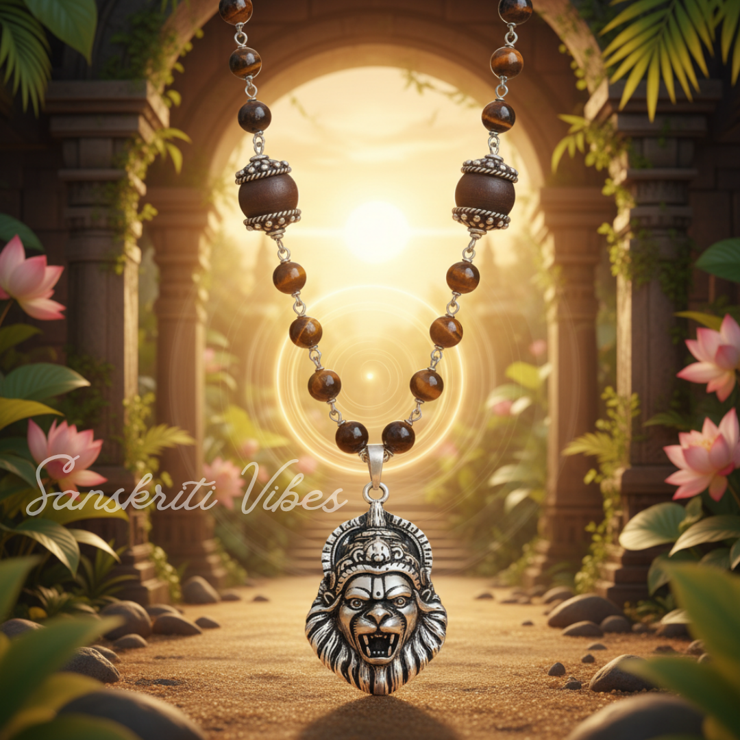 Sterling Silver Narasimha Pendant with Heavy Silver Capped Tulasi Beads Spiritual Rosary – Classic/Trendy - Retail Maharaj