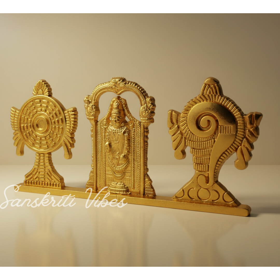 Tirupati Balaji Shankh Chakra Symbol Stand with Balaji Statue | Gold-Plated Antique Decorative Metal Idol for Car Dashboard, Home Temple & Office Table - Retail Maharaj