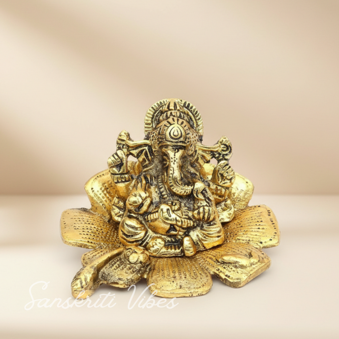 Gold Plated Antiques Ganesha Ji On Flower For Pooja Room Decorative Showpiece For Home - Retail Maharaj