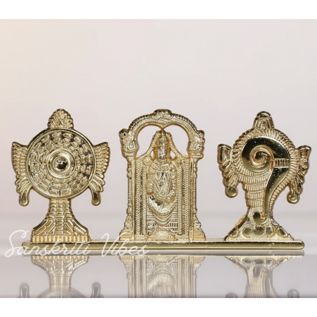 Tirupati Balaji Shankh Chakra Symbol Stand with Balaji Statue | Gold-Plated Antique Decorative Metal Idol for Car Dashboard, Home Temple & Office Table - Retail Maharaj
