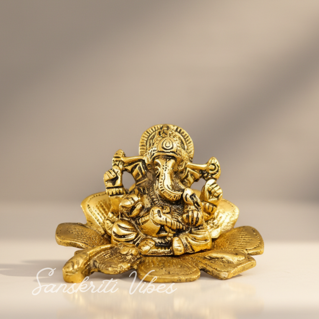 Gold Plated Antiques Ganesha Ji On Flower For Pooja Room Decorative Showpiece For Home - Retail Maharaj