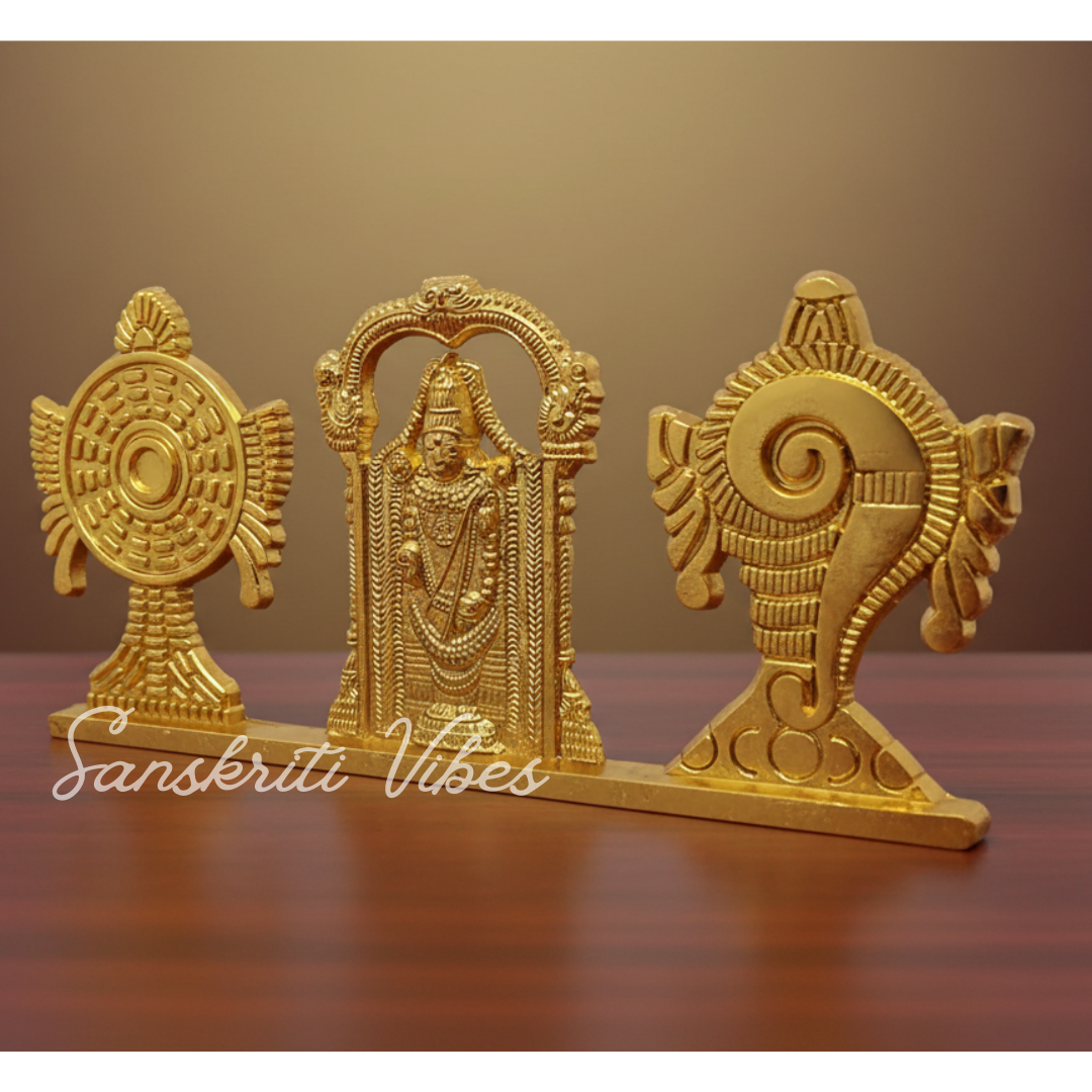 Tirupati Balaji Shankh Chakra Symbol Stand with Balaji Statue | Gold-Plated Antique Decorative Metal Idol for Car Dashboard, Home Temple & Office Table - Retail Maharaj
